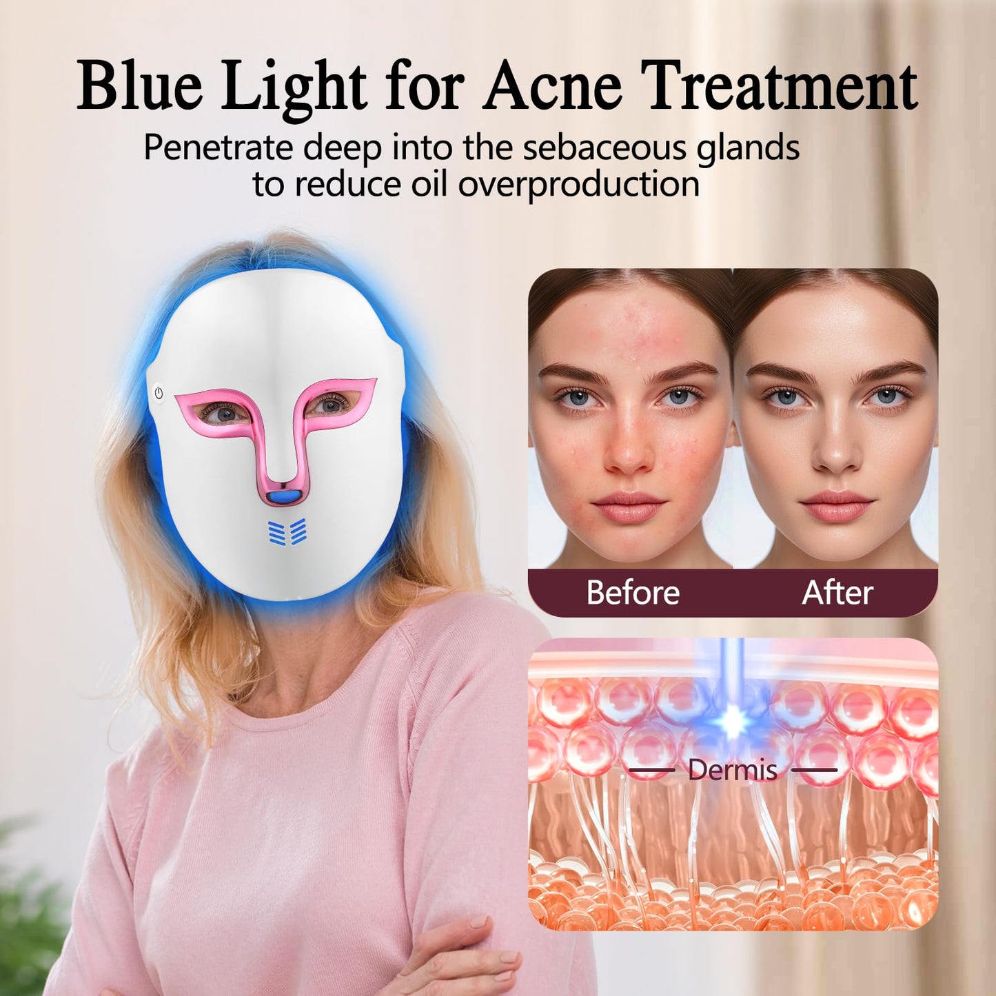 Auxoliev FSA Eligible Red Blue Light Therapy for Face Wrinkles Acne Reduction,LED Face Mask Light Therapy,Rechargeable Home Beauty LED Mask with 4 Color