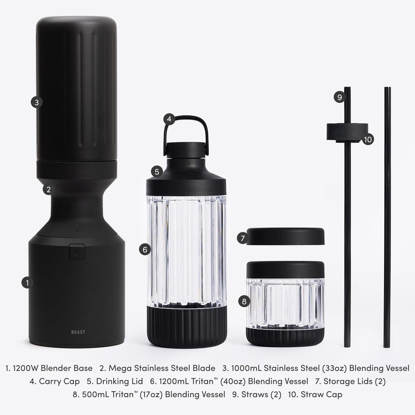 Beast Mega 1200 Stainless Steel | Premium Countertop Blender | Smoothies, Shakes, Sauces, Dips | Lg Servings | Blends Ice + Frozen Fruit | Double-Wall Insulation | Extra Vessels | 1200W (Carbon Black)