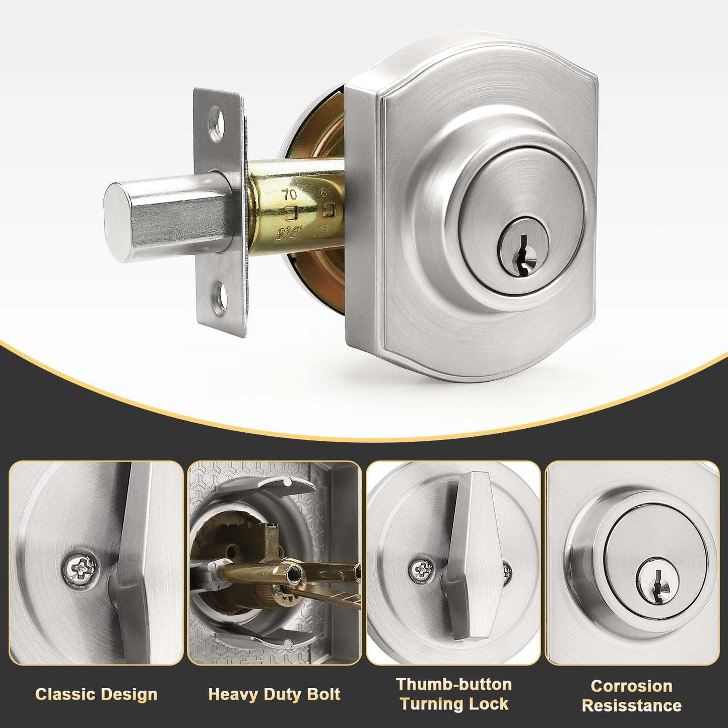 Brotima Front Door Handle and Deadbolt Set, Satin Nickel Front Door Lock Set with Reversible Knob Handle, Modern Exterior Door Handleset with Single Cylinder Deadbolt,1 Pack