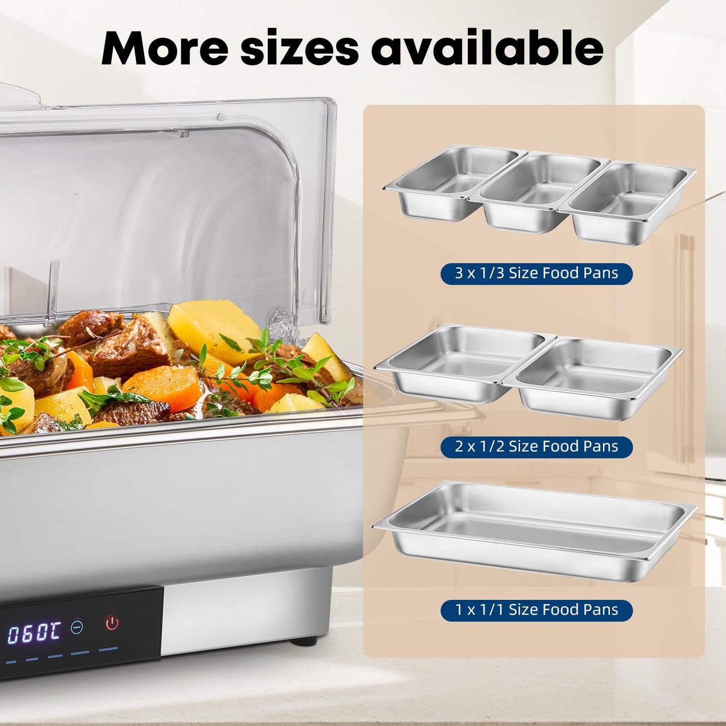 Electric Chafing Dish Buffet Server Set, Stainless Steel Full Size & Half-Size &Three-Section Food Pan with Temp Control, Roll Top Stainless Steel Food Warmers for Catering Buffet (A-02)