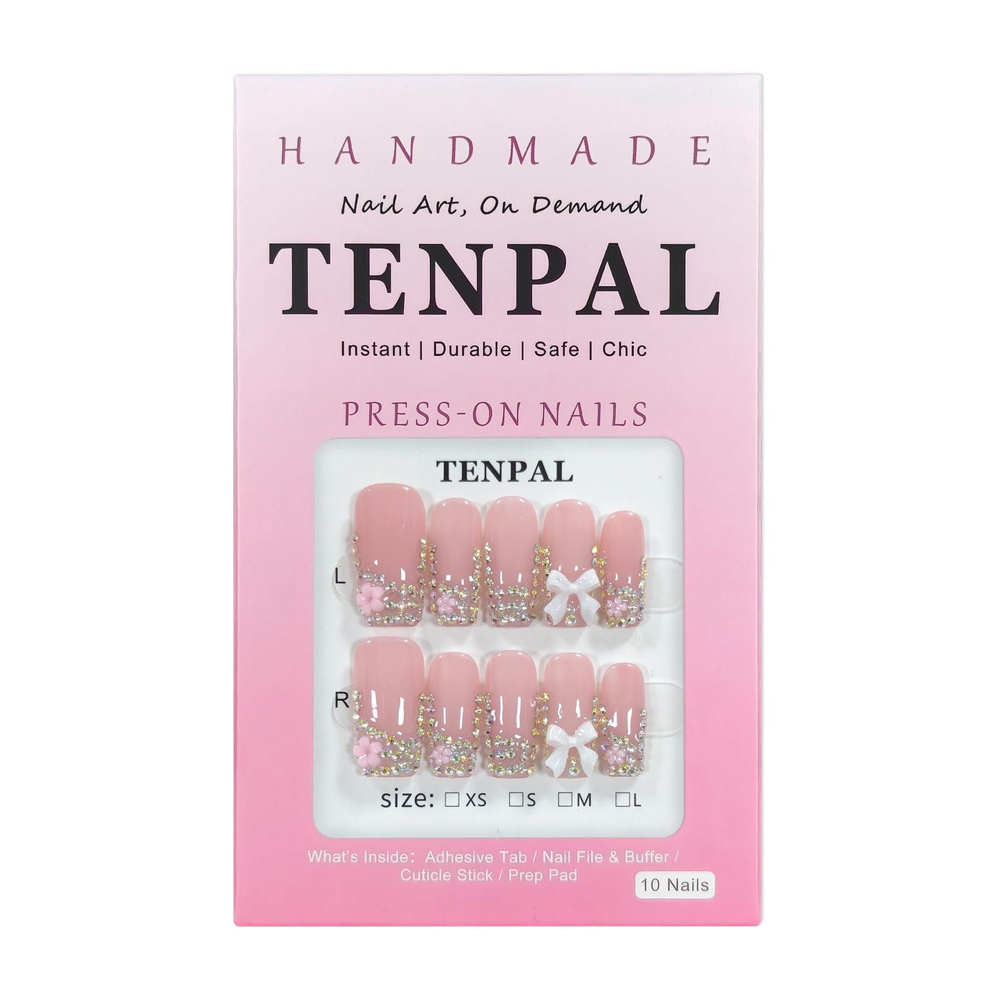 TENPAL Handmade French Tip Press on Nails Medium Coffin 3D Bow Rhinestone Glitter Pink Cute Sweet Girly Reusable Daily Wear Salon Acrylic False Nails 10PCS(M)