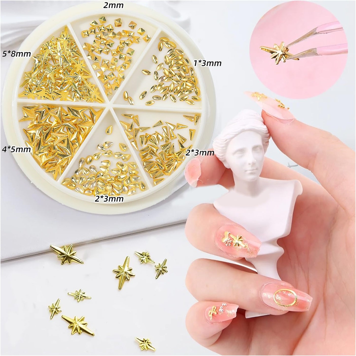 SILPECWEE 4 Boxes Nail Art Rivets Star Moon Beads Nail Art Studs Gold Silver Nail Art Charms Metal Caviar Bead for Nails Jewelry 3D Nail Charms for Crafts Supplies Nail Decorations