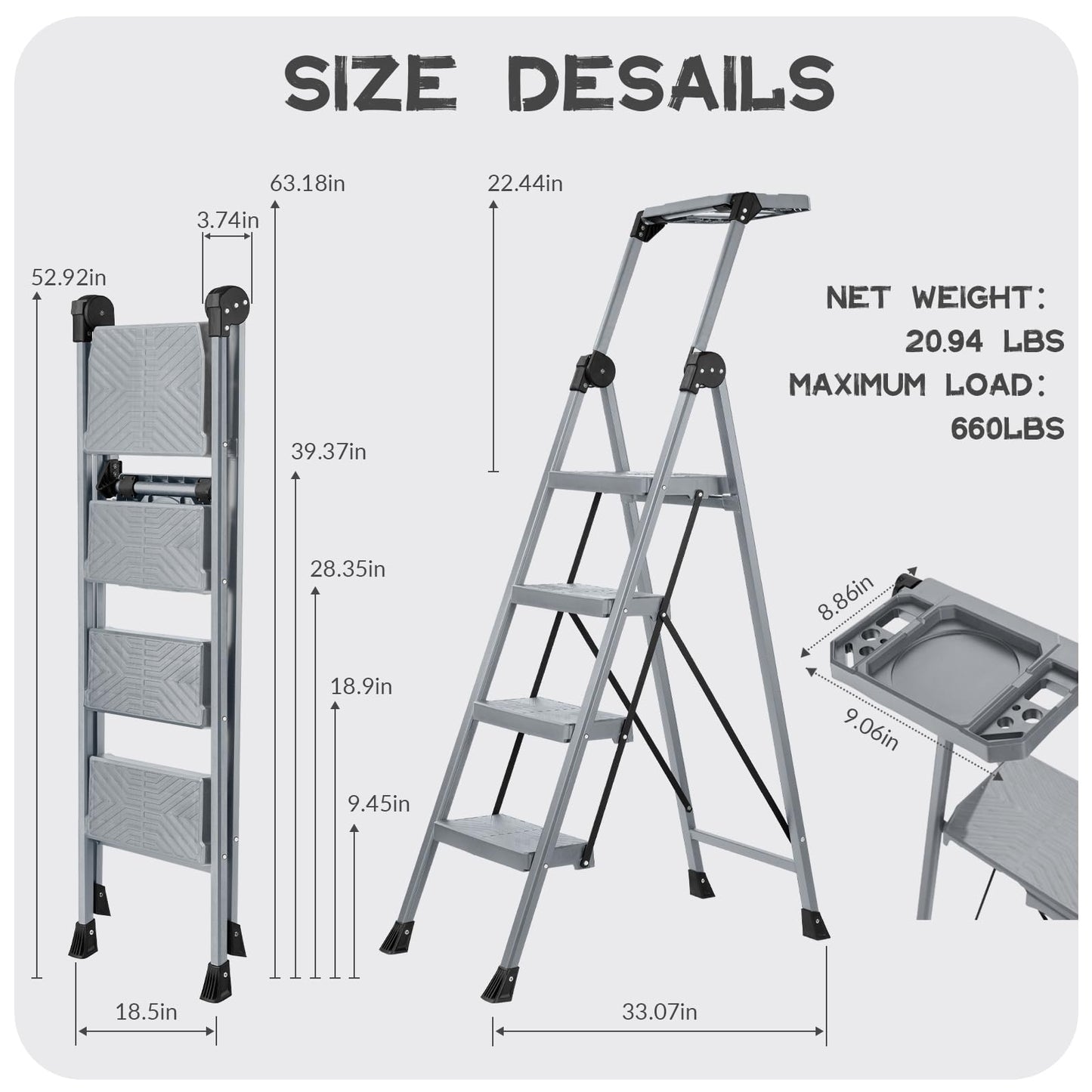 XinSunho 4 Step Ladder, Foldable Step Stool Ladder with Handrails & Tray, 660 lbs Heavy Duty Wide Pedals, Sturdy Steel Folding Ladder for Kitchen, Home, and Household Use(Silver, 4 Step)