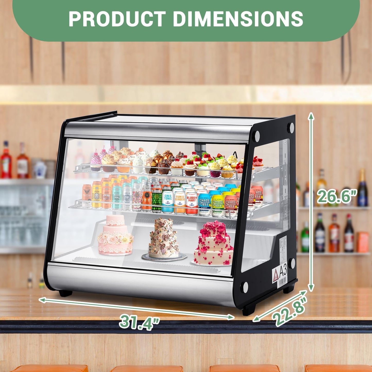 5.3 Cu.Ft Countertop Refrigerator Display Case,149L Commercial Display Refrigerator with Adjustable Shelves, Automatic Defrost, Stainless Steel Food Display Case for Cafe, Restaurant & Grocery Stores