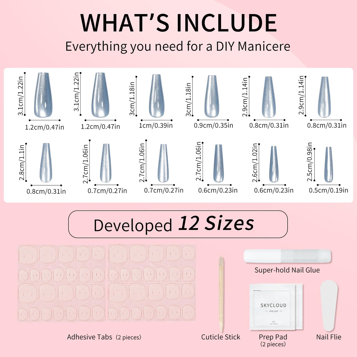 Light Blue Cat Eyes Press On Nails,12 Sizes - 24 Pcs Soft Gel Blue Long Coffin Fake Nails Kit with Nail Glue, Natural Reusable Stick On False Nails for Women and Girls SK1055
