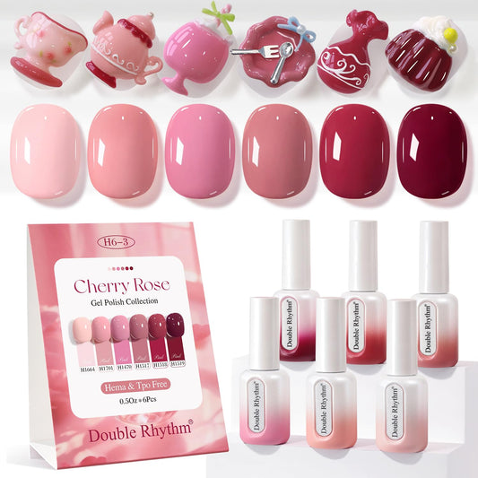 Double Rhythm 6 Pcs Hema Free Gel Polish Set 0.50 OZ Same Color Same Bottle Soak Off Neutral Natural Milky Gel Polish Kit Nail Art Manicure Salon DIY (Nude Pink Rose Burgundy-H6-3)