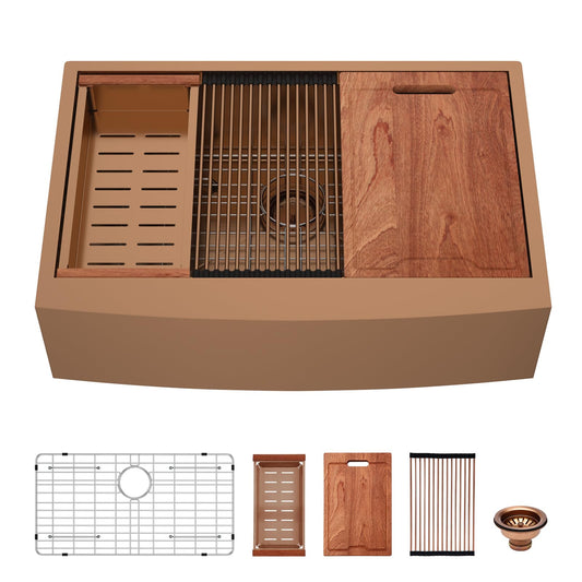 Lordear 33x21Inch Rose Gold Farmhouse Kitchen Sink Workstation SUS304 16-Gauge Stainless Steel Farmhouse Sink Apron Fron Farm Style Undermount Sinks, 33"x21"x10"