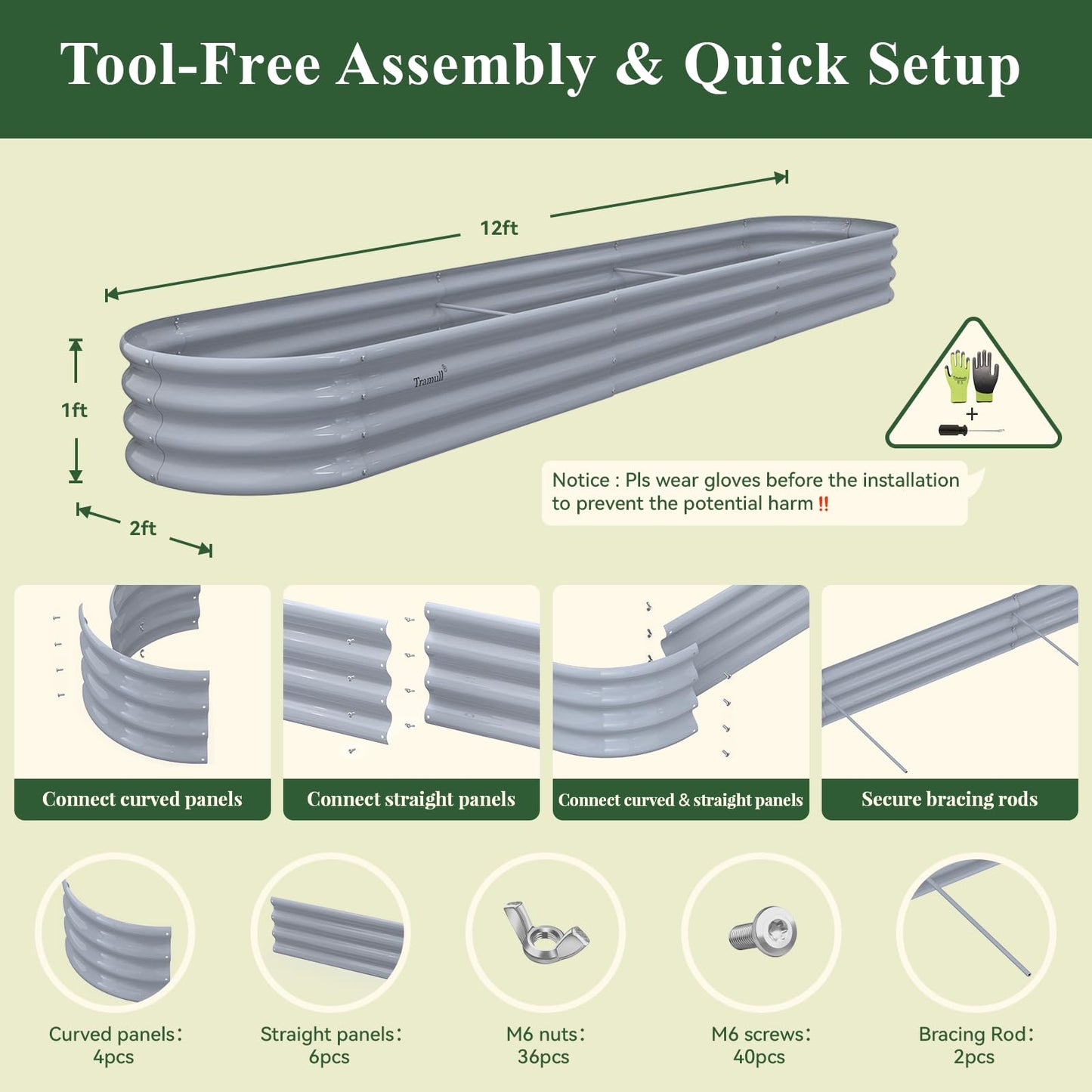Tramull Galvanized Raised Garden Bed Kit - 12×2×1ft Oval Large Metal Planter Box with Easy Tool-Free Assembly for Vegetable Flower Herb, Outdoor Backyard, Patio, Kitchen Garden Family-Friendly (Gray)