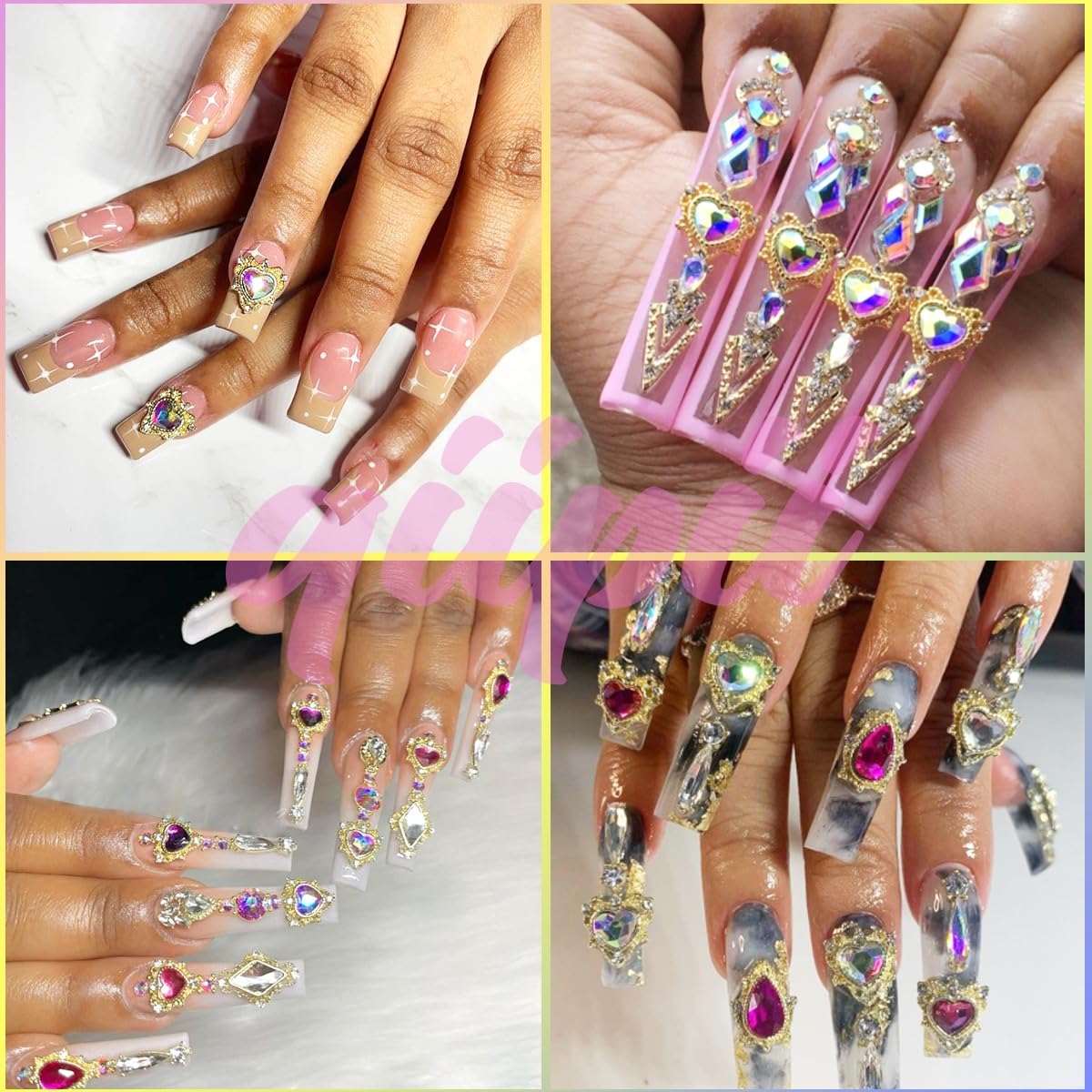 qiipii 24pcs Crystal AB Luxury Nail Charms +2000pcs Crystal White AB Rhinestones 3D Big Nail Gems K9 Glass Nail Crystals Diamonds Jewels Stones Alloy Nail Art Studs Decor Supplies for Nails Crafts DIY