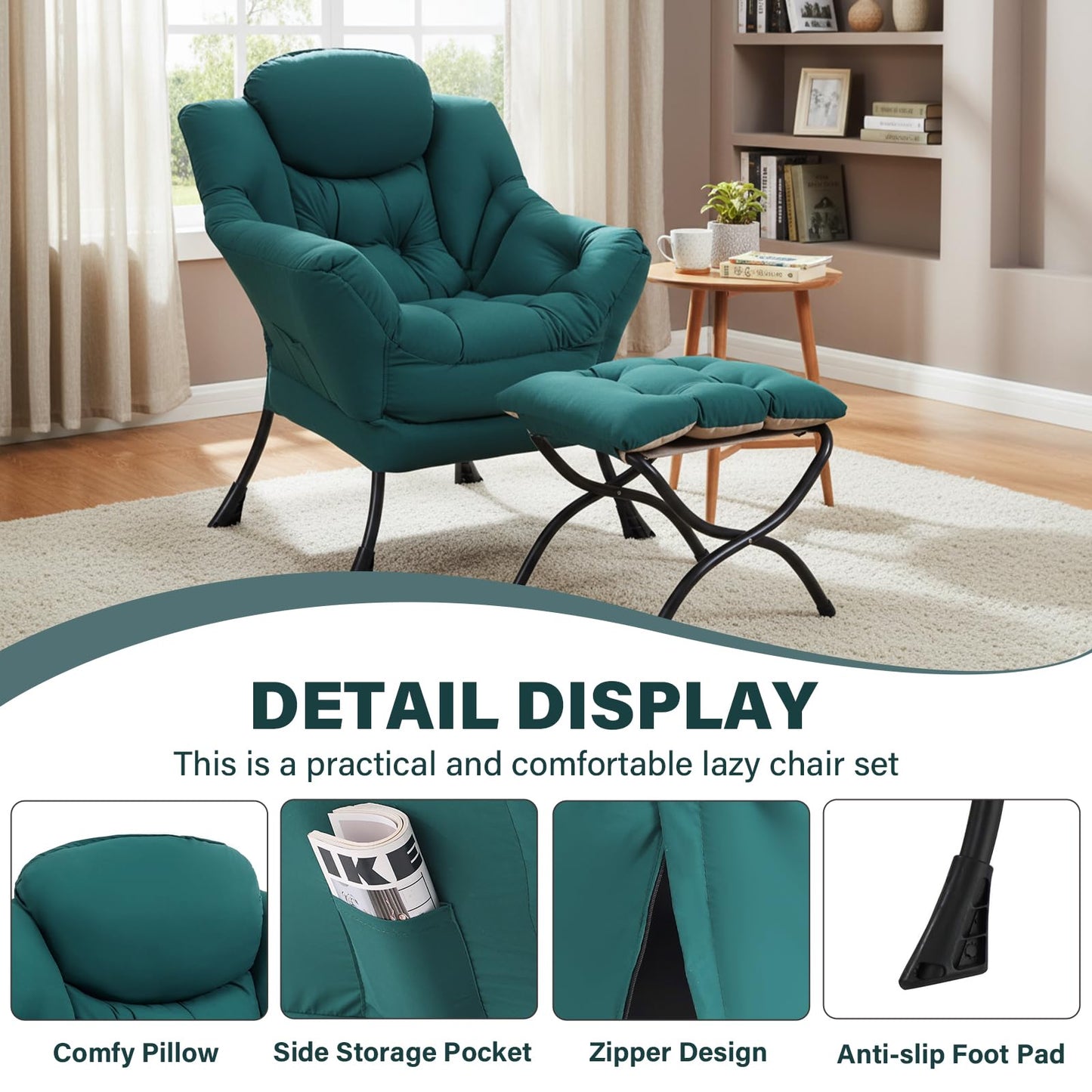 SESHINELL Lazy Chair with Ottoman, Modern Accent Chair Contemporary Sofa Chair with Armrests, Reading Chair and Folding Footstool Set for Living Room, Bedroom, Office