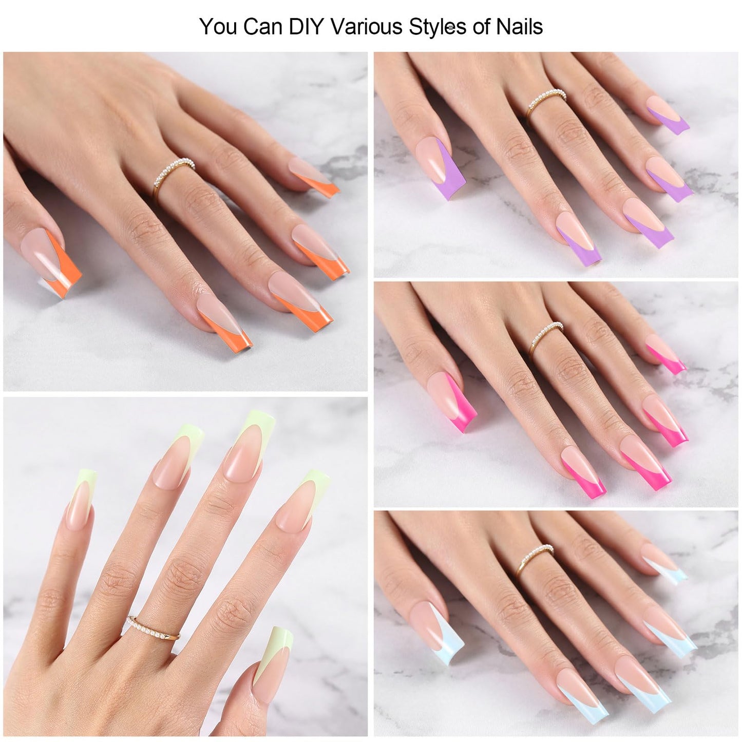 300Pcs French Tip Press on Nails, OPkssnails French Press On Nails Long Square, Pre-shaped No Need to File 3 in 1 Gel Nail Tips, Acrylic Fake Nails for Nail Art DIY Extension Designs 15 Size