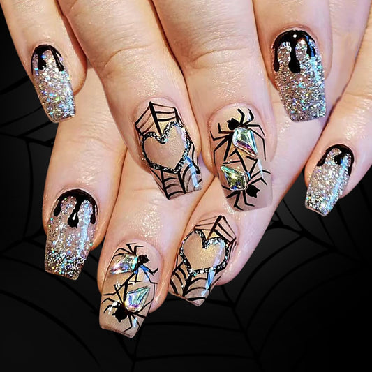 Halloween Press on Nails Medium Square Glitter Powder Heart Spider Web False Nail Acrylic Artificial Fingernails Spider with Rhinestones Design Full Cover Festival Stick on Nails for Women Supplies