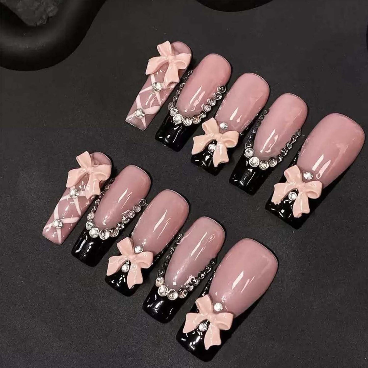 10Pcs Handmade Press On Nails Long Square Fake Nails Bow With Rhinestone Design French Tip False Nails Reusable Stick On Nail Artficial Acrylic Nail For Women (SIZE:M)