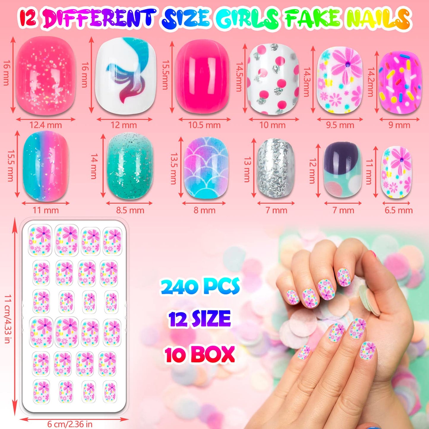 240 Pieces Press on Nails Girls Fake Nails for Kids Artificial Kids Press on Nails Full Cover Short Acrylic Stick On Nails False Nail Tips Kit for Girls Nail Art Decoration