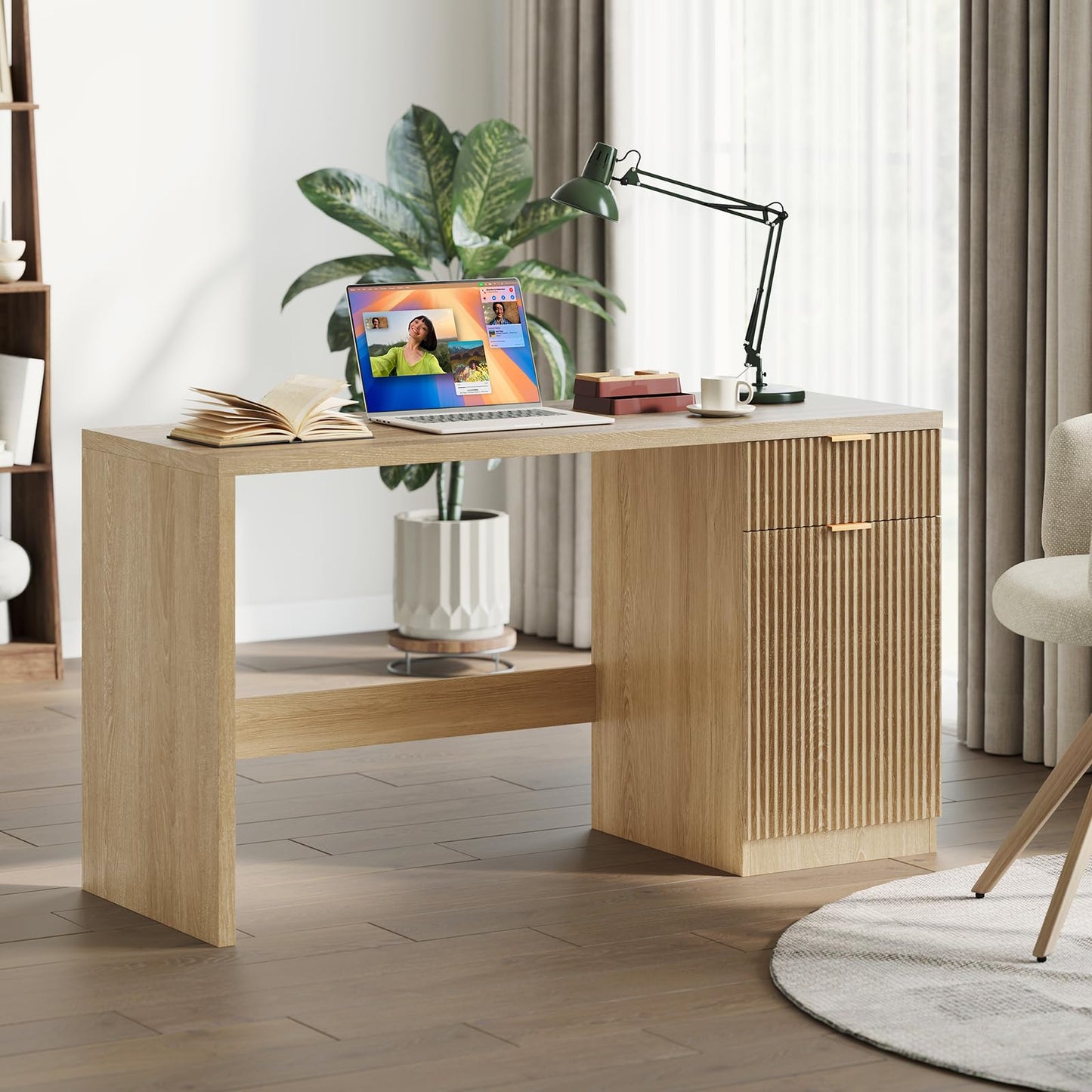 BouPower 60" Fluted Executive Desk with Drawers, Wood Computer Desk with Storage Cabinet, Home Office Desks with Storage for Study Room, Bedroom, Living Room, Natural Oak