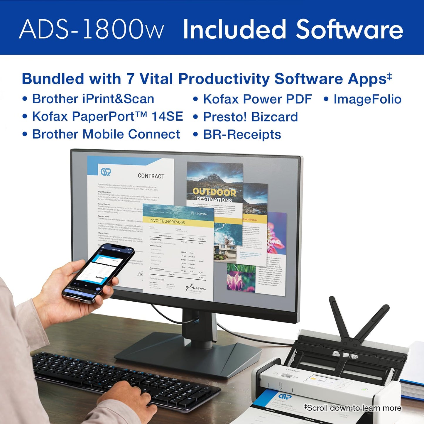 Brother ADS-1800W Wireless Compact Desktop Scanner | Scan Speeds of Up to 30ppm | 2.8" Color Touchscreen