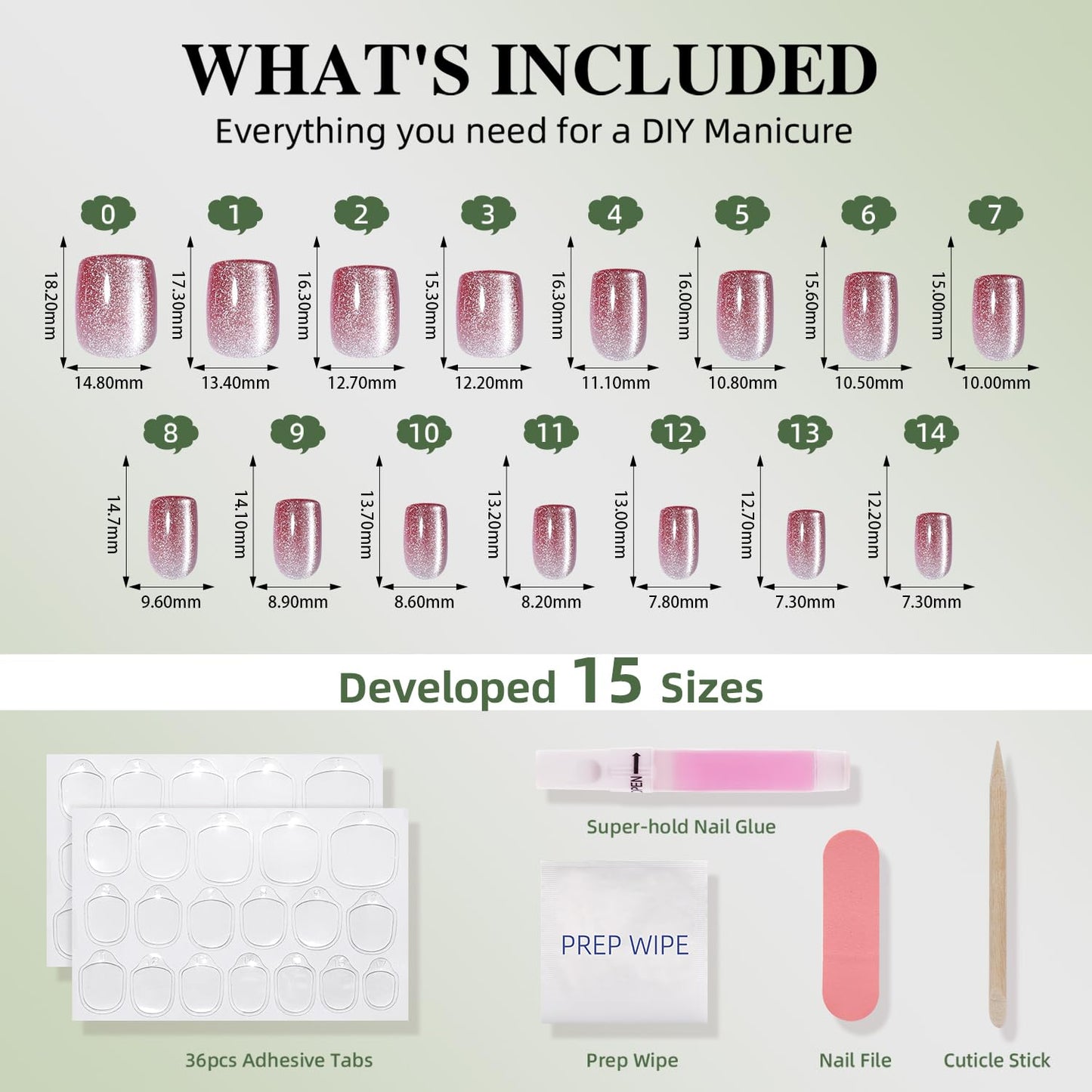 Red Cat Eye Press On Nails Square - Ombre Pink Short Square Fake Nails, Red Cateye Press On Nails Reusable Stick On Nails in 15 Sizes, 30pcs False Nail Kit for Women & Girls (Blush Tides)