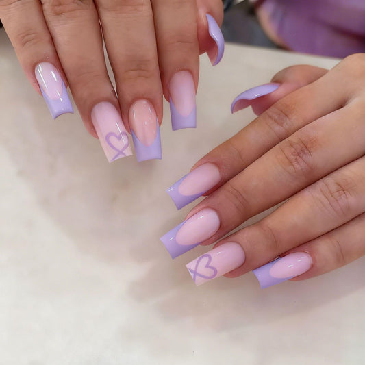 Coffin Press on Nails Medium - Purple French Tip Fake Nails with Heart Design - Glossy Full Cover Stick on False Nails - for Women 24 Pcs