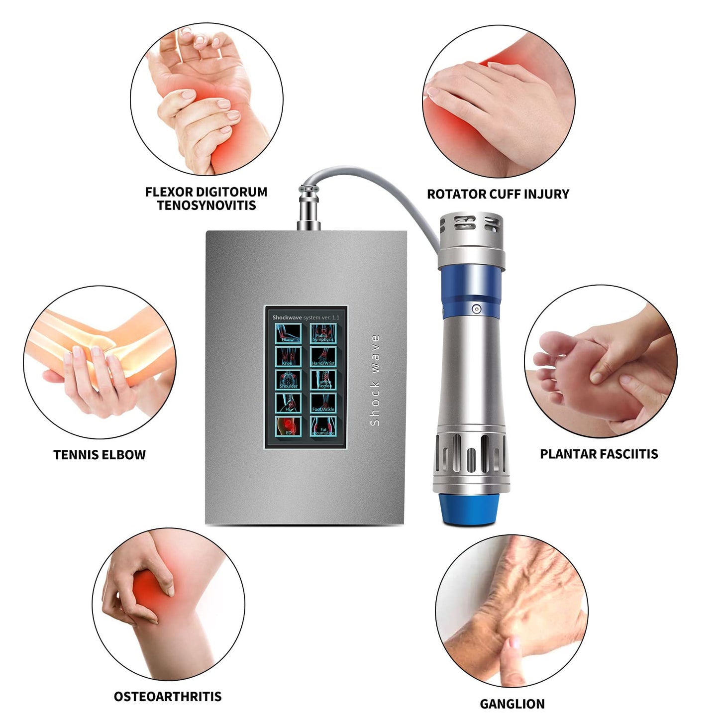Generic Shockwave Therapy Machine Extracorporeal Shock Wave Therapy Device 7in1 Focused Shockwave Therapy Machine Pain Relief at Home for Body Feet Knees, Silver