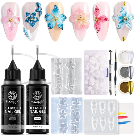 Fcozpjk 3D Gel Nail Art for Nails Starter Kit: 15ML Clear and White 3D Sculpting Gel with 3PCS Silicone Flowers Nail Charm Molds Gold Silver Chrome Powder Ombre Sponges Salon Supplies DIY Manicure