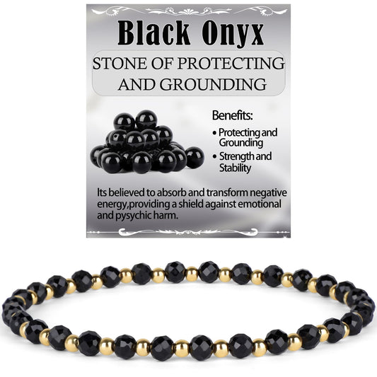 QOGIR Black Onyx - Protecting and Grounding - 14K Gold Plated Beads Natural Gemstone Stretch Elastic Dainty Healing Beaded Bracelets Gifts 4mm