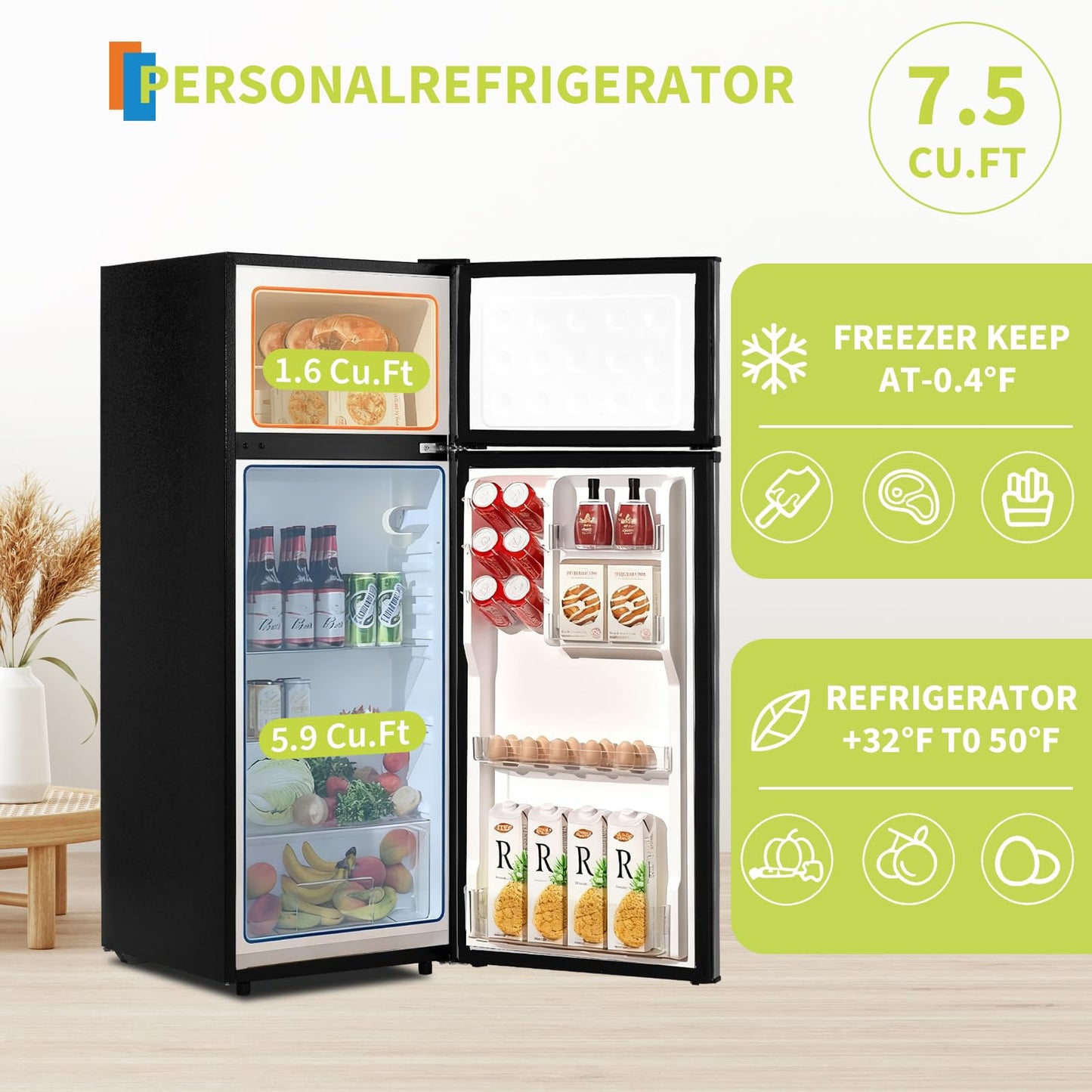 ExploreHorizon 7.5 Cu. Ft. Compact Refrigerator | Two Door Mini Fridge with Energy-Efficient & Quiet Operation | for Dorm, Office, Bedroom, Kitchen, Bar Use with Adjustable Shelves