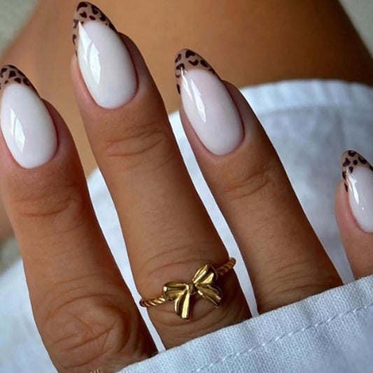 Hkanlre Leopard Print Press on Nails Almond White Fake French Nails Tips Full Cover False Medium Nails for Women 24PCS