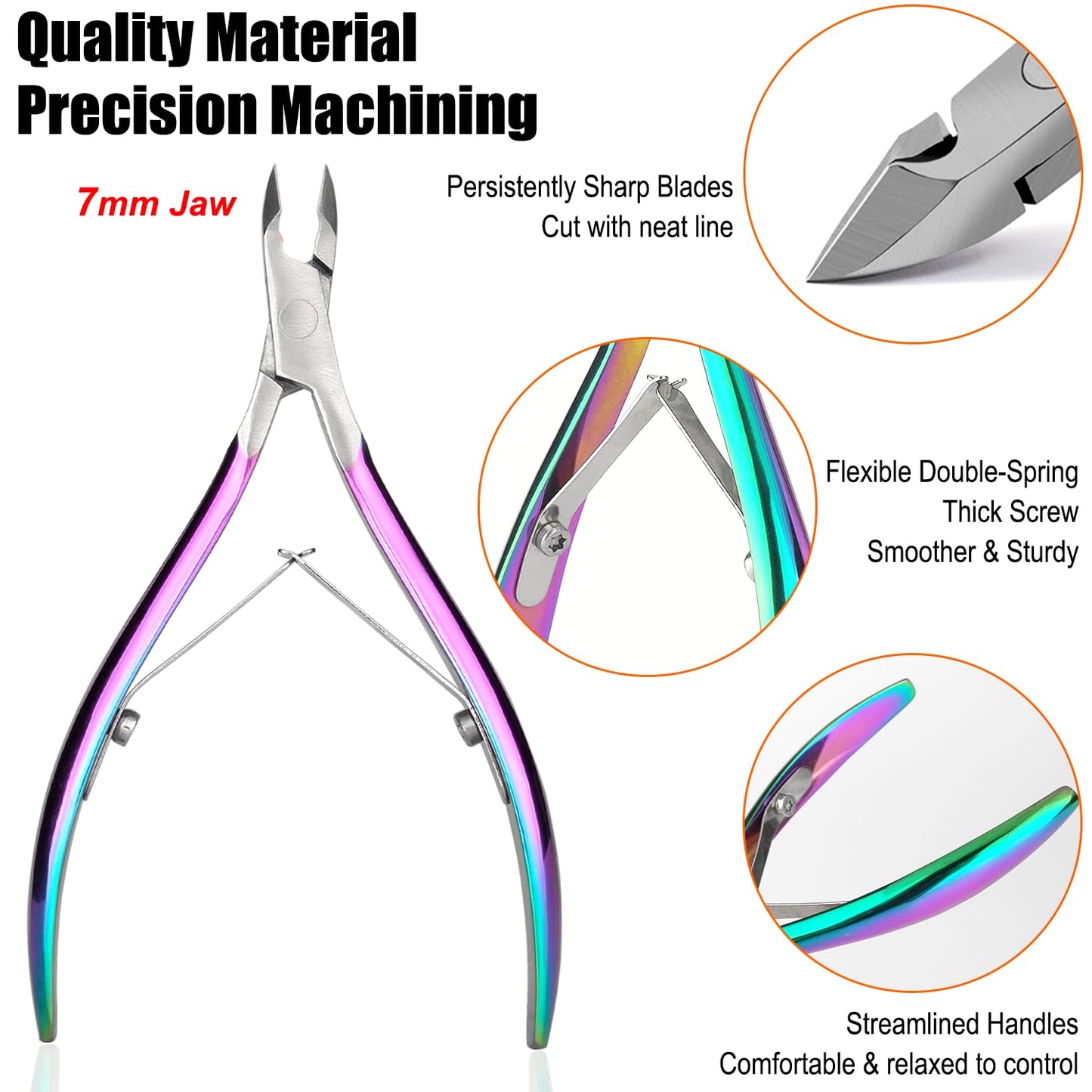 LePinko Professional Cuticle Trimmer kit, Super Sharp Dead Skin Clipper, Labor-saving Cuticula Remover for Fingernail Toenail, Home Salon Use, 7mm Jaw, Rainbow Color