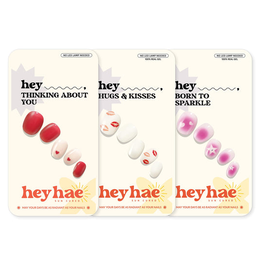 Heyhae Semi Cured Gel Nail Strips Assorted Bundle (3 Pack) | No LED Lamp Needed | Easy Apply & Remove, Salon Quality | Includes Strips, Prep Pads, Nail Files & Wooden Sticks - Be Mine