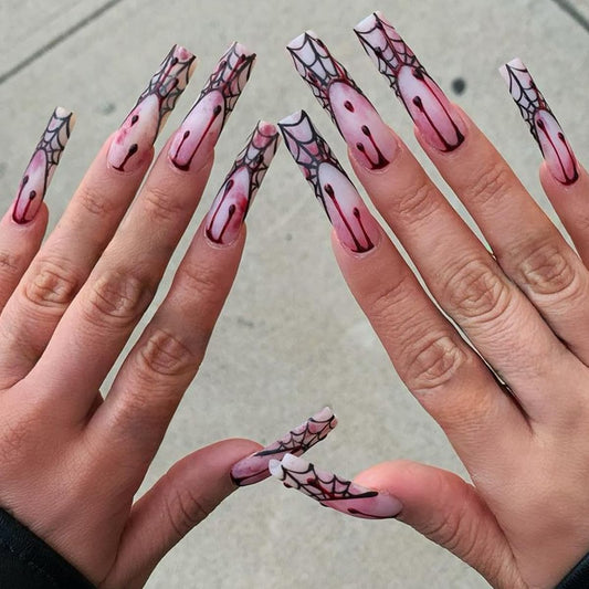 Halloween Press on Nails Long Coffin Fake Nails Scary Blood Glue on Nails Spider Web Glossy Stick on Nails Square Artificial Acrylic Nails for Women Girls Manicure 24 Pcs