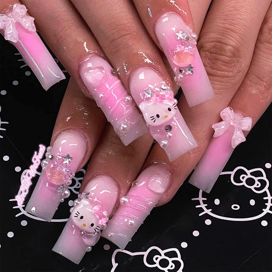PDFADSK Pink Press on Nails Long Square Coffin Fake Nails Cartoon False Nails with 3D Pearl Nail Charms Design Acrylic Nails Full Cover Pink Artificial Nail for Women 24Pcs
