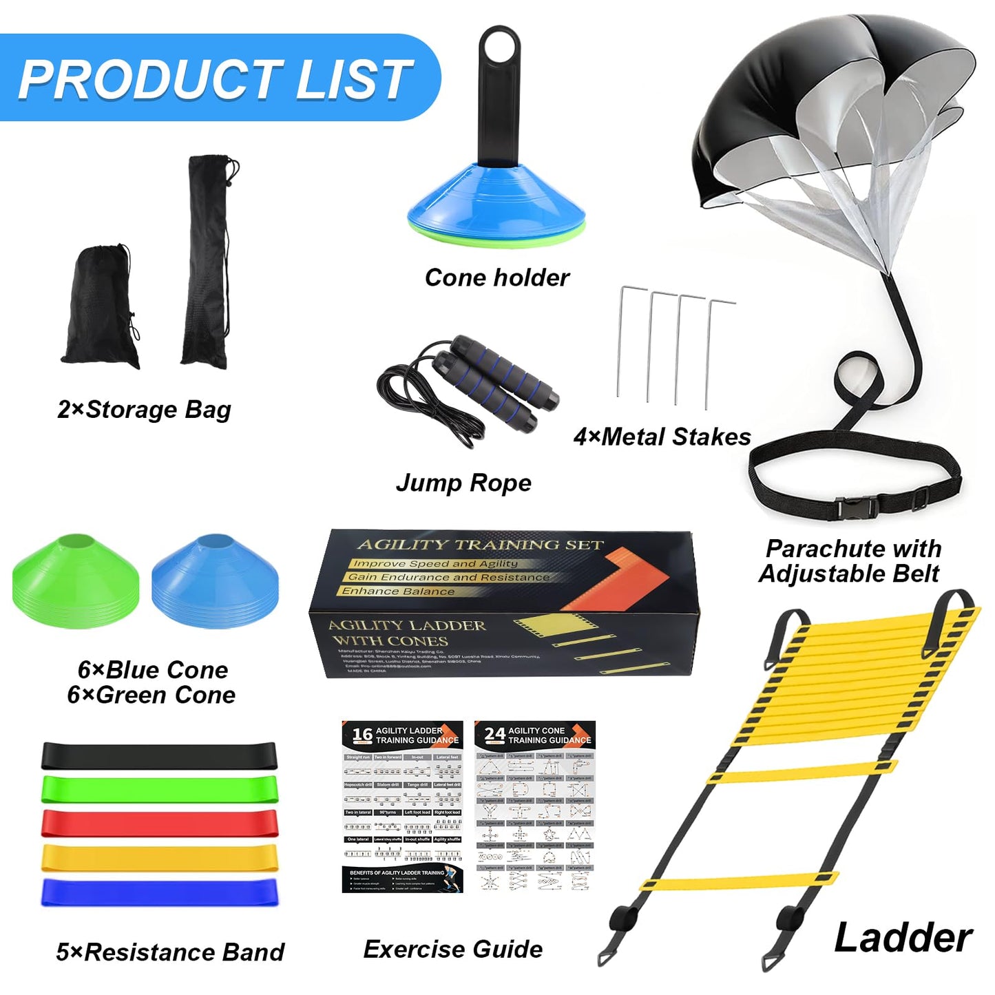 Speed Agility Training Equipment Set, Agility Ladder 20ft, 12 Football Cones, Resistance Running Parachute, Jump Rope, 5 Resistance Bands, Football Soccer Basketball Fitness Drills for Kids Adults