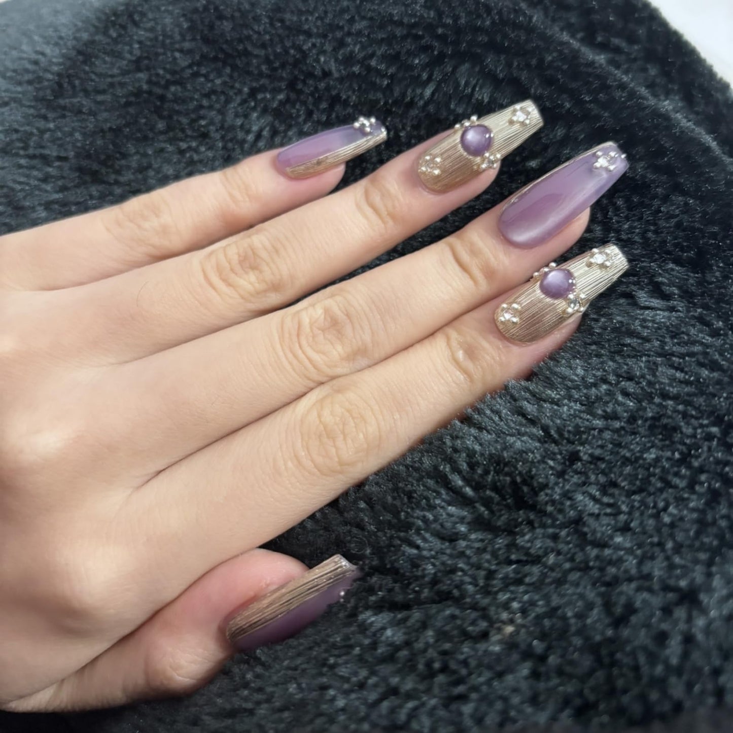 RENBING handmade press on nails short,coffin fake nails with designs,10 pcs high hardness acrylic nails press ons,3d cute false nails for women-Purple buccellati(S)