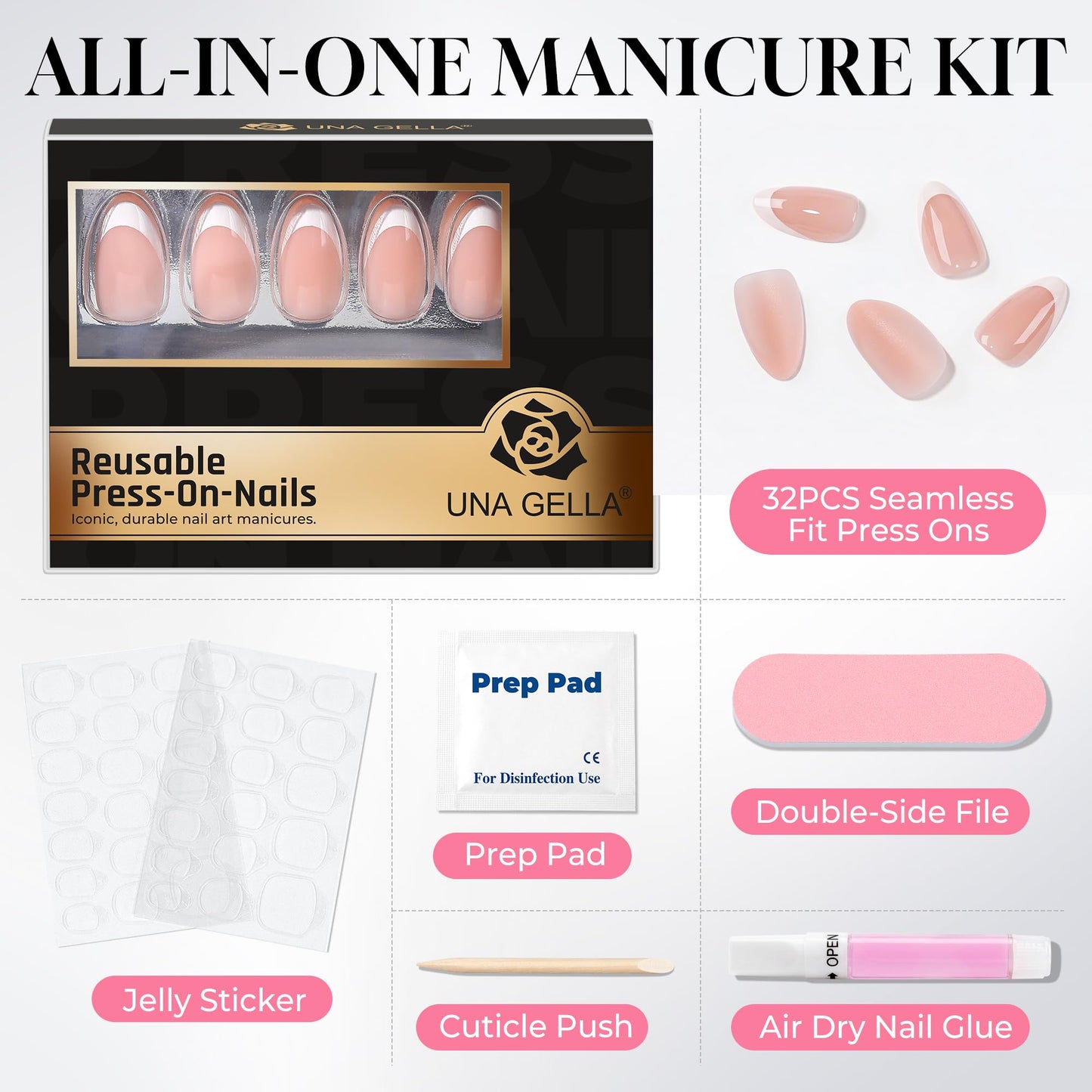UNA GELLA Press on Nails Almond, 32Pcs 16 Sizes Soft Gel Fake Nails for Women, 3D Chrome Gold Reusable Glue on Nails with Adhesive Tabs, Full Cover False Nails for Daily Wear and Party