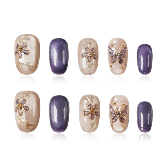 Tesytto Handmade Press on Nails Almond Shape Glossy Reusable False Nails for Nail Art (Soft Purple Gold Branch, S)
