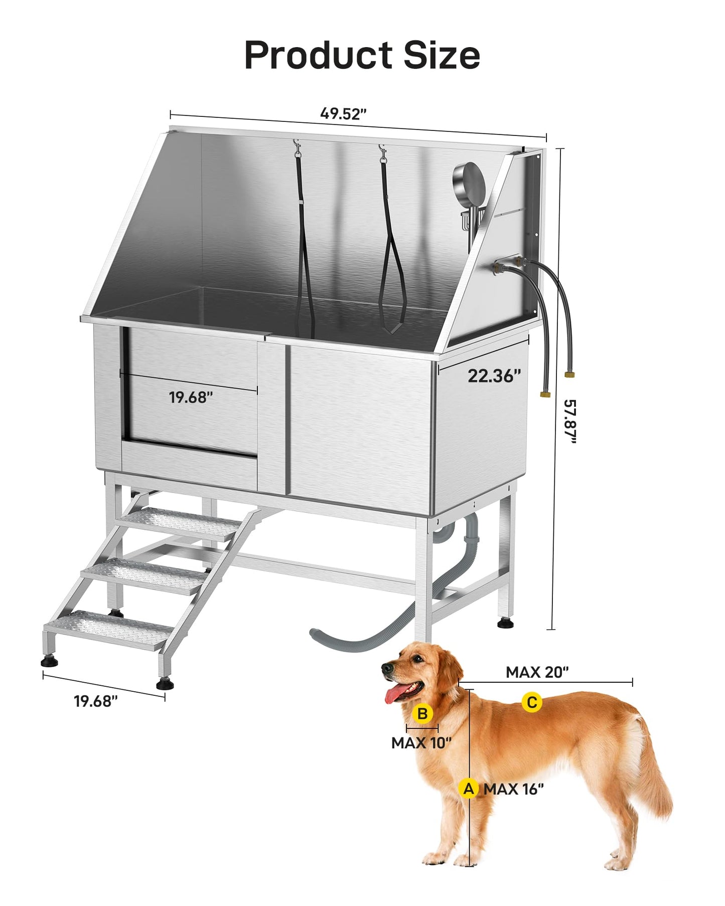 DEXSO 50" Stainless Steel Dog Grooming Bathtub, Professional Bathing Station for Large Pets, Dog Bathtub with Faucet, Sprayer, Drain, Left Sliding Door & Retractable Stairs for Home