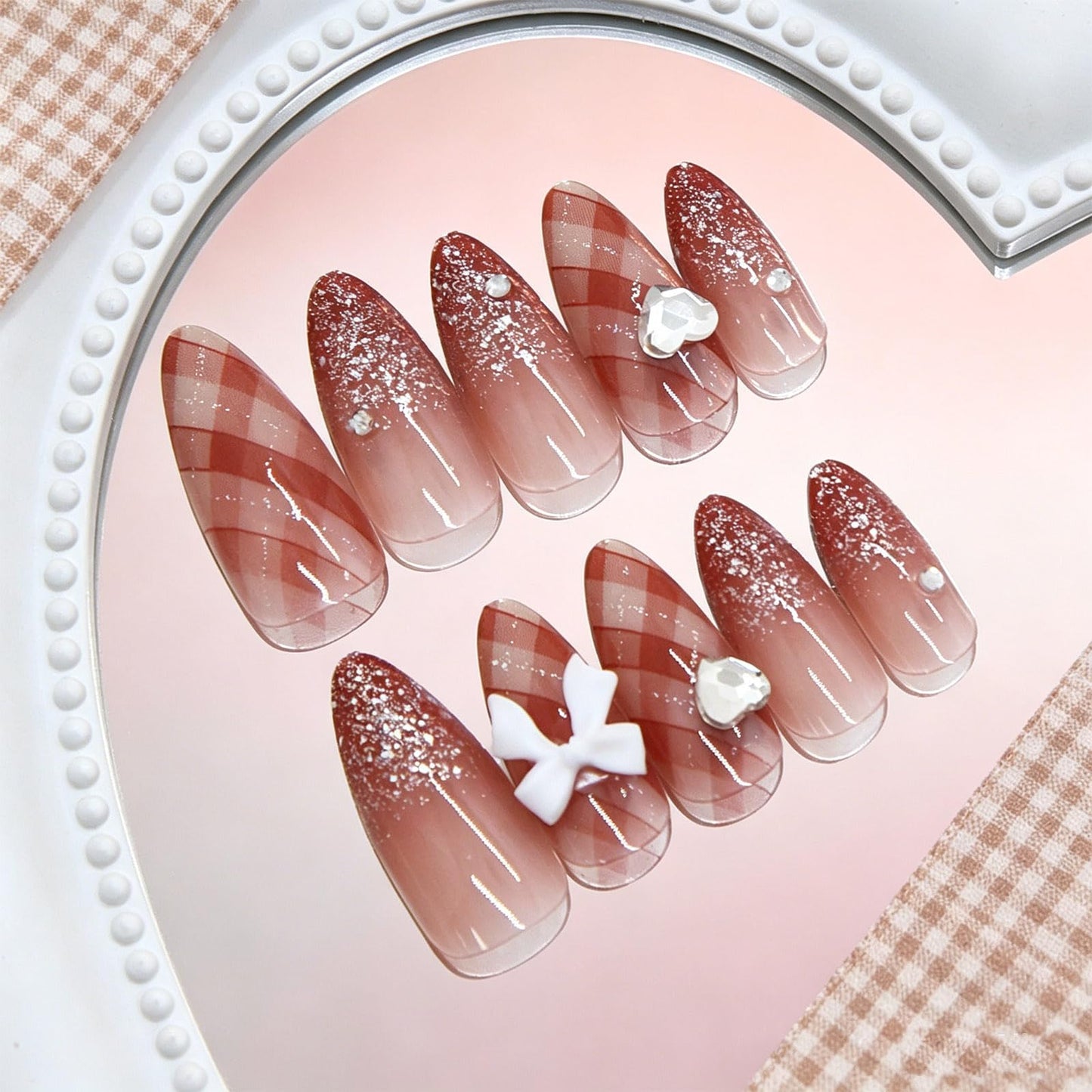Press on Nails with Checkered Design Plaid Medium Almond False Nails Gingham Fake Nail Glossy Silver Glitter Glue on Nail Rhinestones Stick on Fingernails for Women Sweet Daily Wear