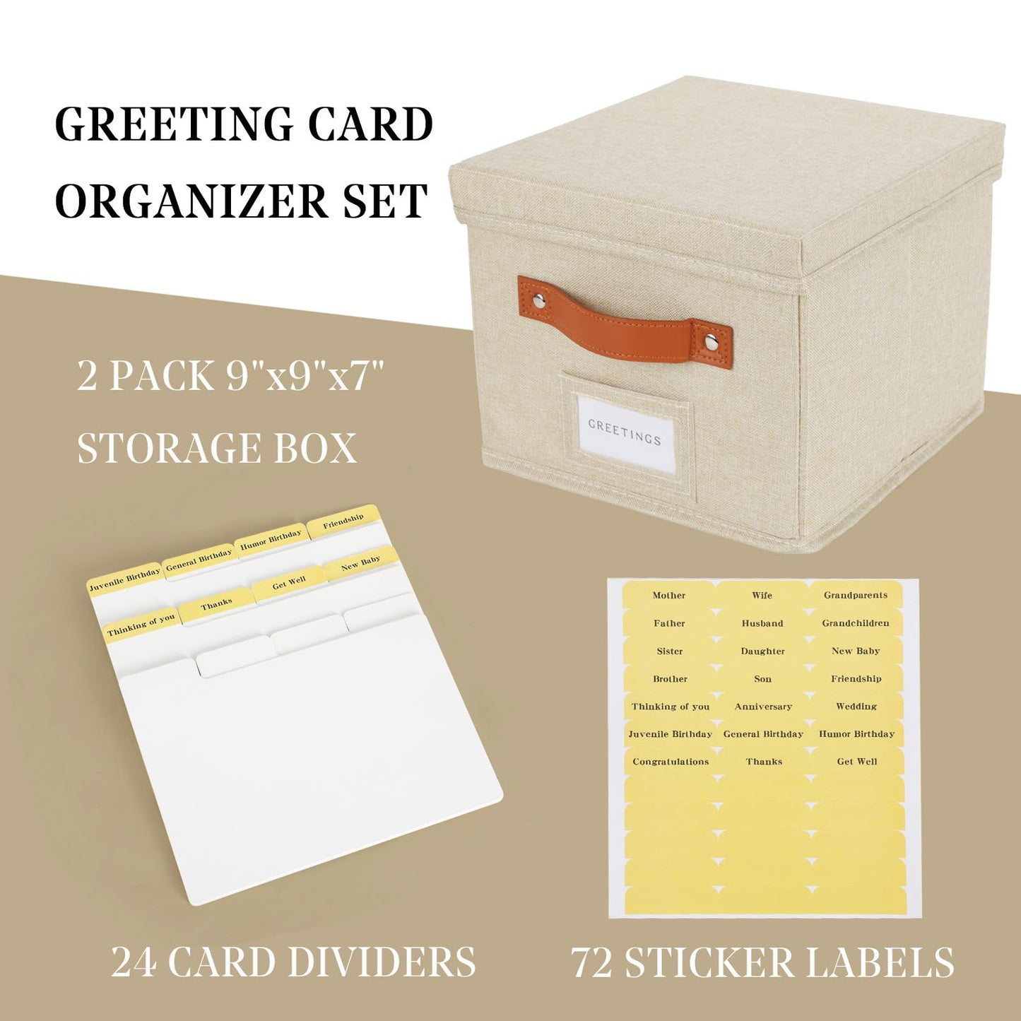 TARSUKA Greeting Card Organizer with dividers - Storage Box with lid Holds 150+ Cards - Assortment Box for Greeting Cards,Recipes, Photos, Envelopes, Keepsake - 9 x 9 x 7 Inches (Beige, 2 pcs)