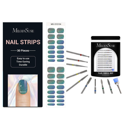 MelodySusie Semi Cured Gel Nail Strips (Chrome)- Works with Nail lamp and MelodySusie 10pcs Nail Drill Bits Set, 3/32 Inch Diamond Cuticle Nail Bits Kit for Nail Drill E-File