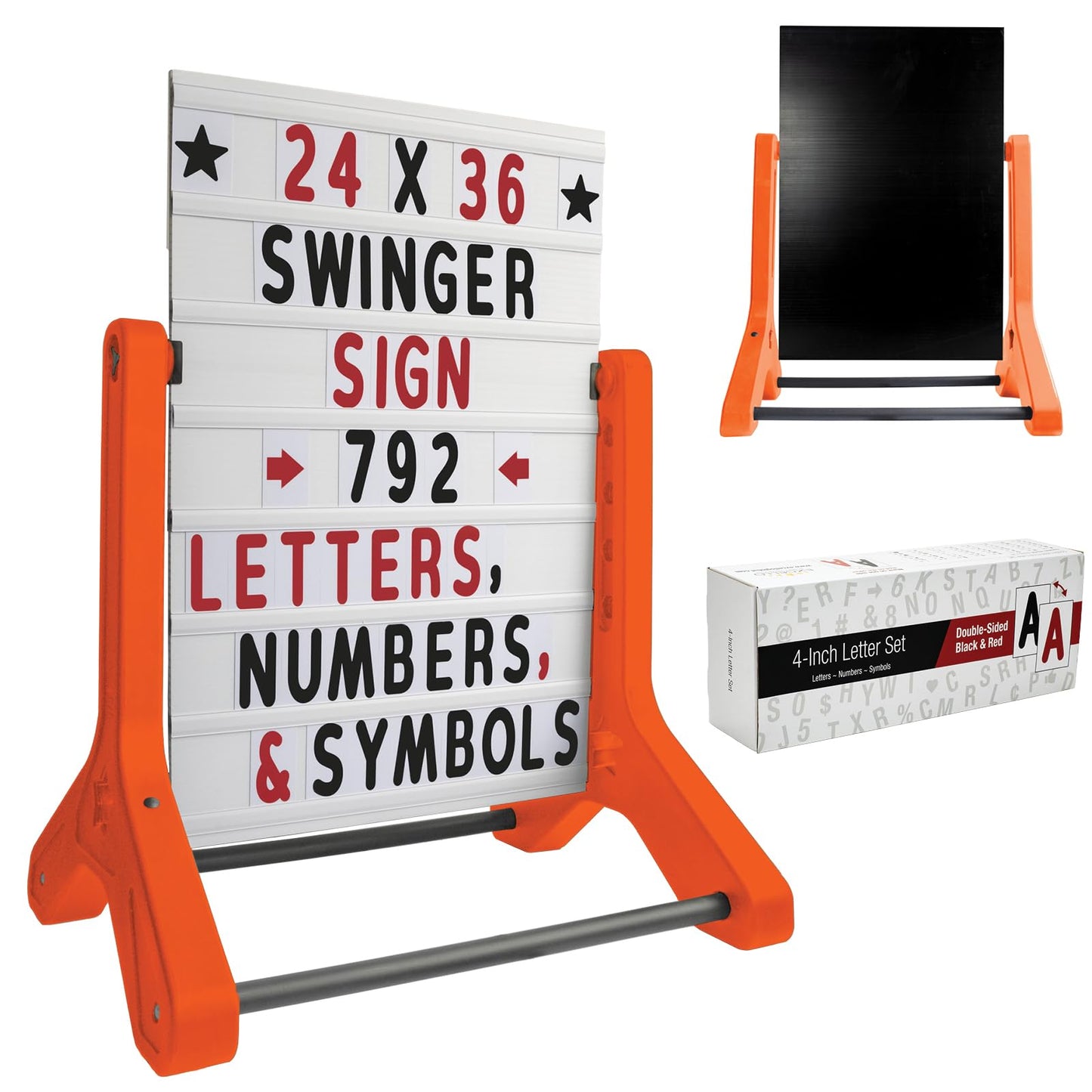 Swinging Changeable Message Sidewalk Sign: 24" x 36" Sign with 792 Pre-Cut Double Sided Letters and Storage Box. Includes Black Board & Letter Board (Orange Color Legs)
