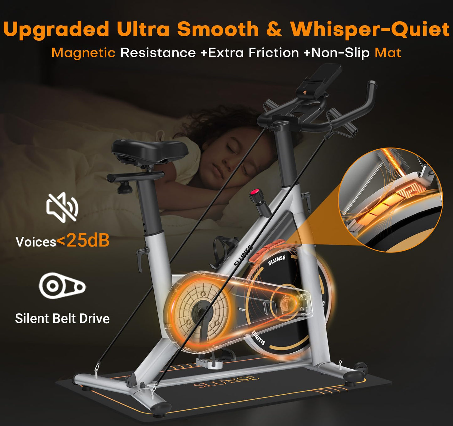 Exercise Bike, Silent Magnetic Resistance Stationary Bike for Home with App Compatible, Indoor Cycling Bike with Anti-Slip Mat, 350lbs Weight Capacity Upgraded Seat with Digital Monitor &Tablet Mount