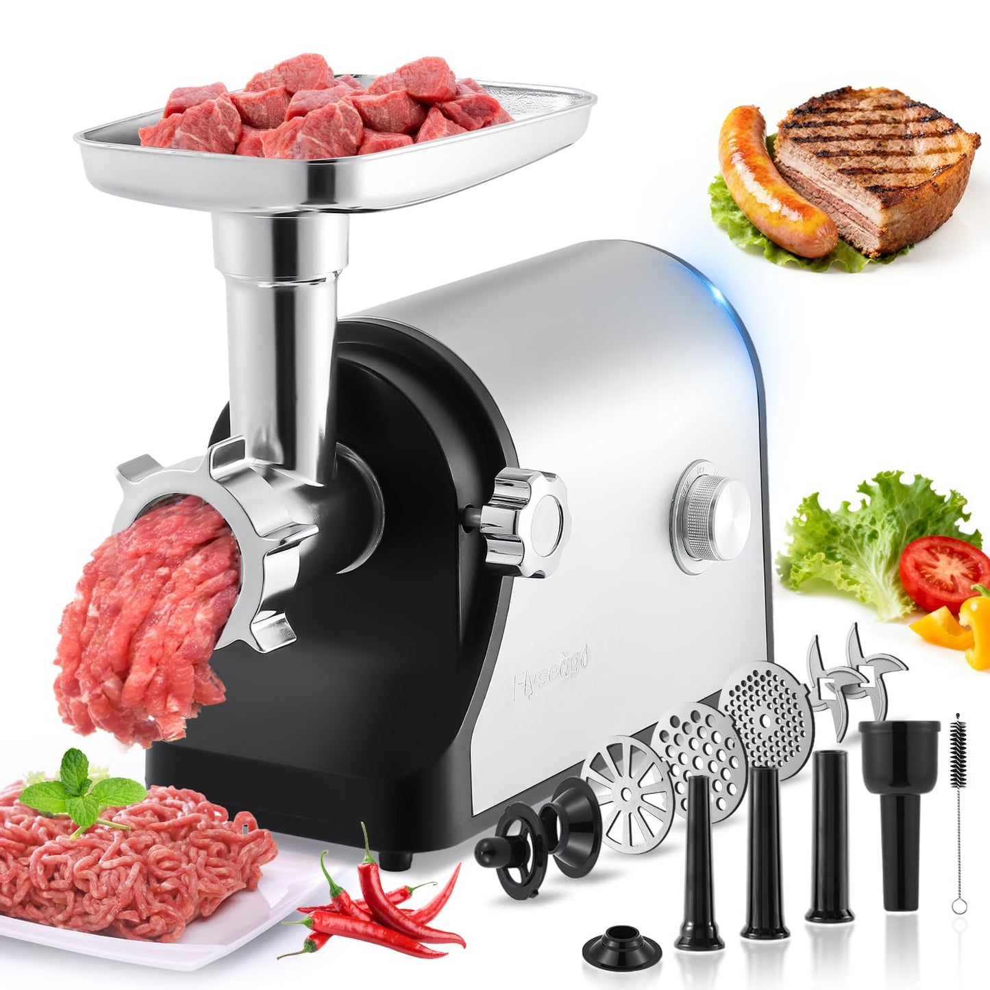 Flyseago Electric Meat Grinder 3200W Heavy Duty Commercial Meat Grinders, Sausage Stuffer, Kubbe Kit with 2 Cutting Blades, 3 Grinding Plates, 3 Sausage Tubes, Metal Gearbox Meat Grinder for Home Use