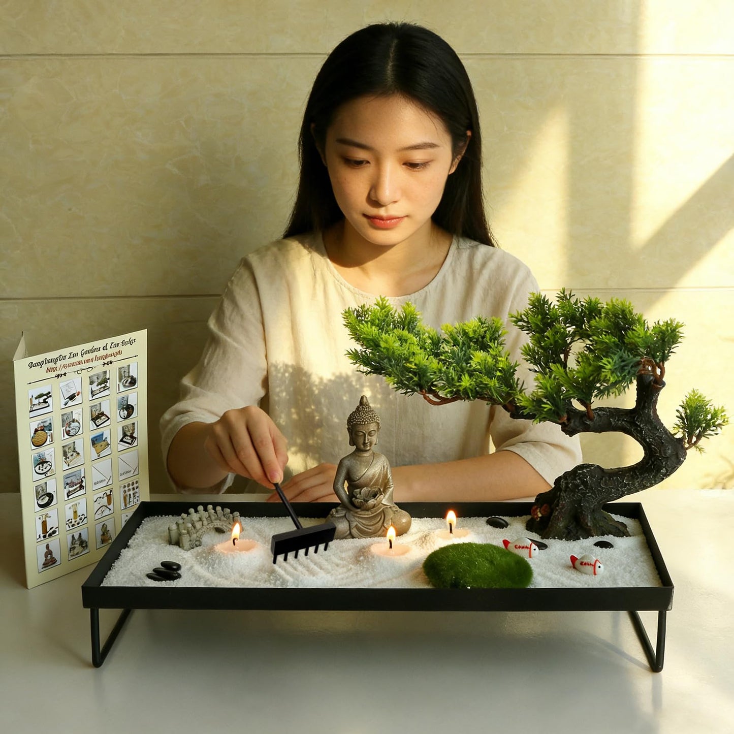 Zen Garden Kit for Desk - Pine Zen Dual Sand Garden(with 50pcs Wicks) Japanese Decor Zen Gift Set for Home, Office Desktop 11x8in Sand Tray Therapy Kit Zen Meditation Accessories