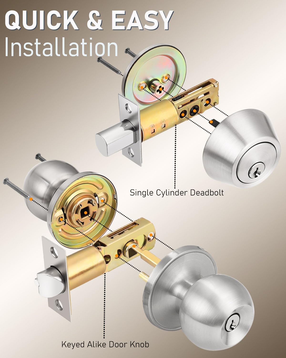 Brotima 4 Pack Keyed Entry Door Knob and Single Cylinder Deadbolt Combination Set in Satin Nickel, Keyed Alike Exterior Knob Door Handle and Deadbolt Lock and Key, Round Locking Lever Handle Set