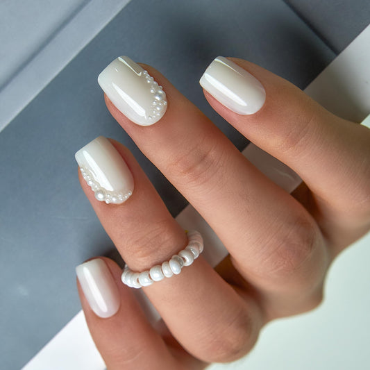 Curvlife Press On Nails Short Square White - Pearl Crescent Press on Nails with Glue, 3D Pearl French Tip Glossy False Nail Tips with Pearls for Women Wedding