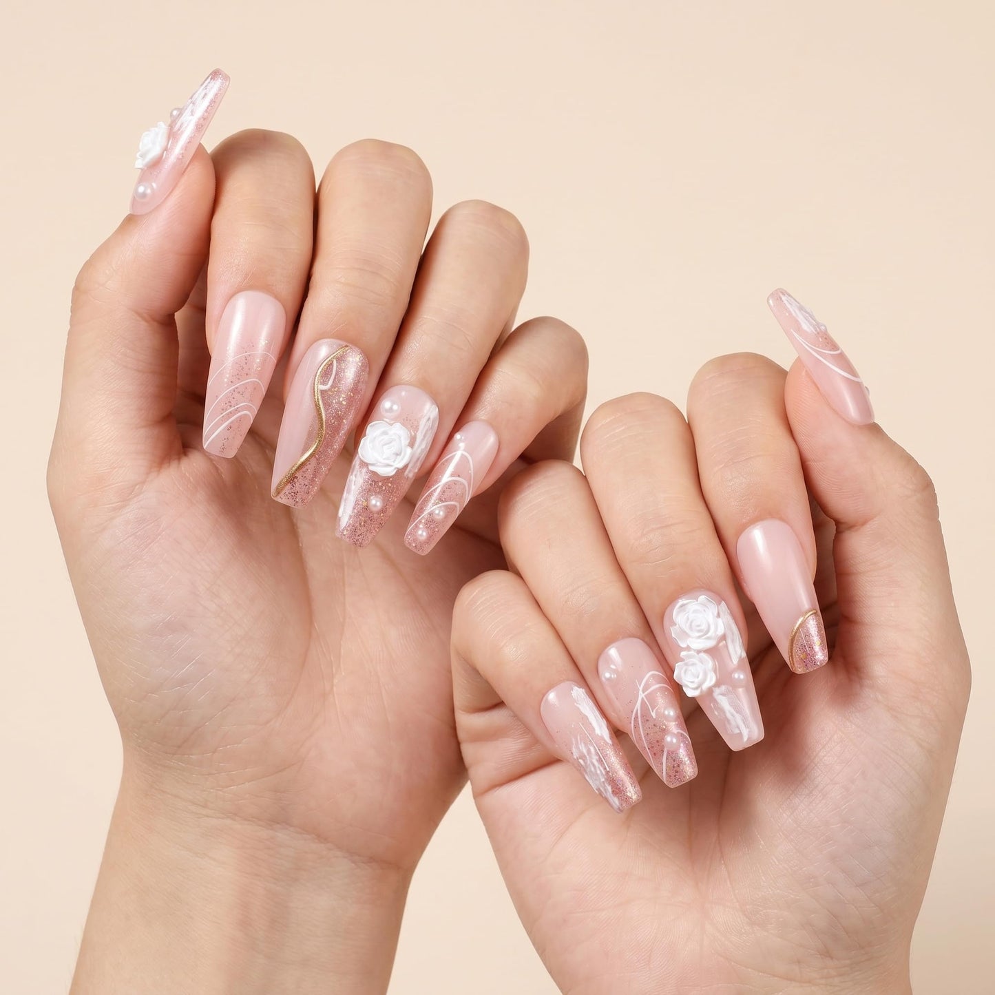 Sun&Beam Nails Handmade Press on Fake Nails Medium Long Nail Tips Popular Design Ballerina Pink 3D Flower Cute Pearl with Storage Box 10 Pcs (#002 L)