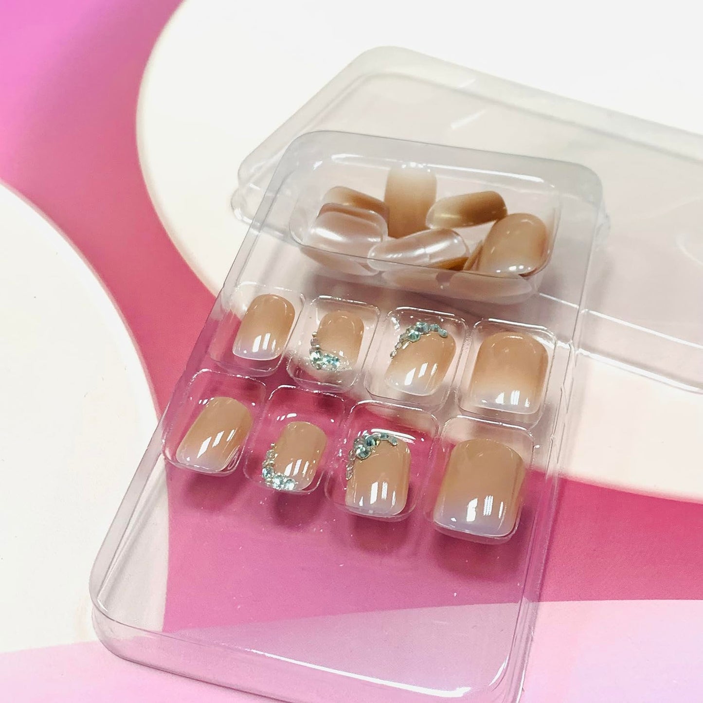 Vezocim Press on Nails Short Square-24Pcs Glossy Full Cover Acrylic Rhinestone False Nails with Gradient Designs Artificial Extra Short Square Fake Nails with Glue Stick on Fingernails for Women Girls