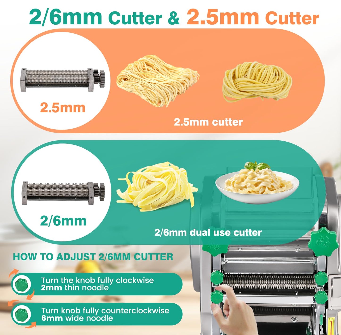 Newhai Commercial Electric Pasta Maker 2-in-1 Automatic Noodle Machine Thickness Adjustable 2mm 6mm Noodle Heavy Duty Dough Roller Pressing Machine, 750W