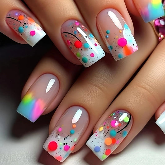 Ombre Press on Nails Medium Square Fake Nails with Colorful Polka Dots Design Acrylic False Nail Glossy Full Cover Stick on Nail Reusable Artificial Summer Nails for Women Manicure 24Pcs