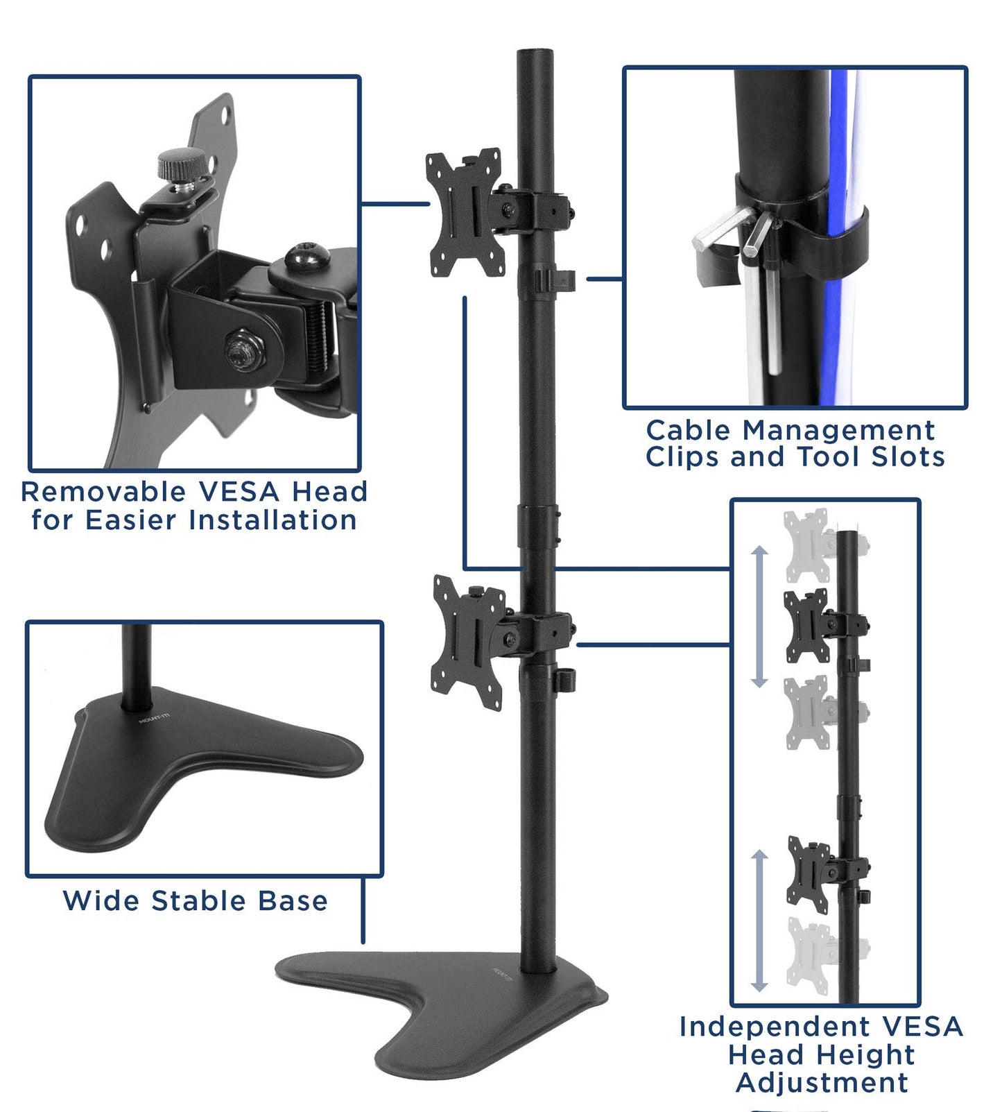 Mount-It! Vertical Dual Monitor Stand, Stacked Desk Mount Fits Two 13–32 Inch Screens up to 17.6 lbs Each, Height Adjustable Free Standing Pole with Tilt Swivel Rotate, Ergonomic VESA Riser, Black